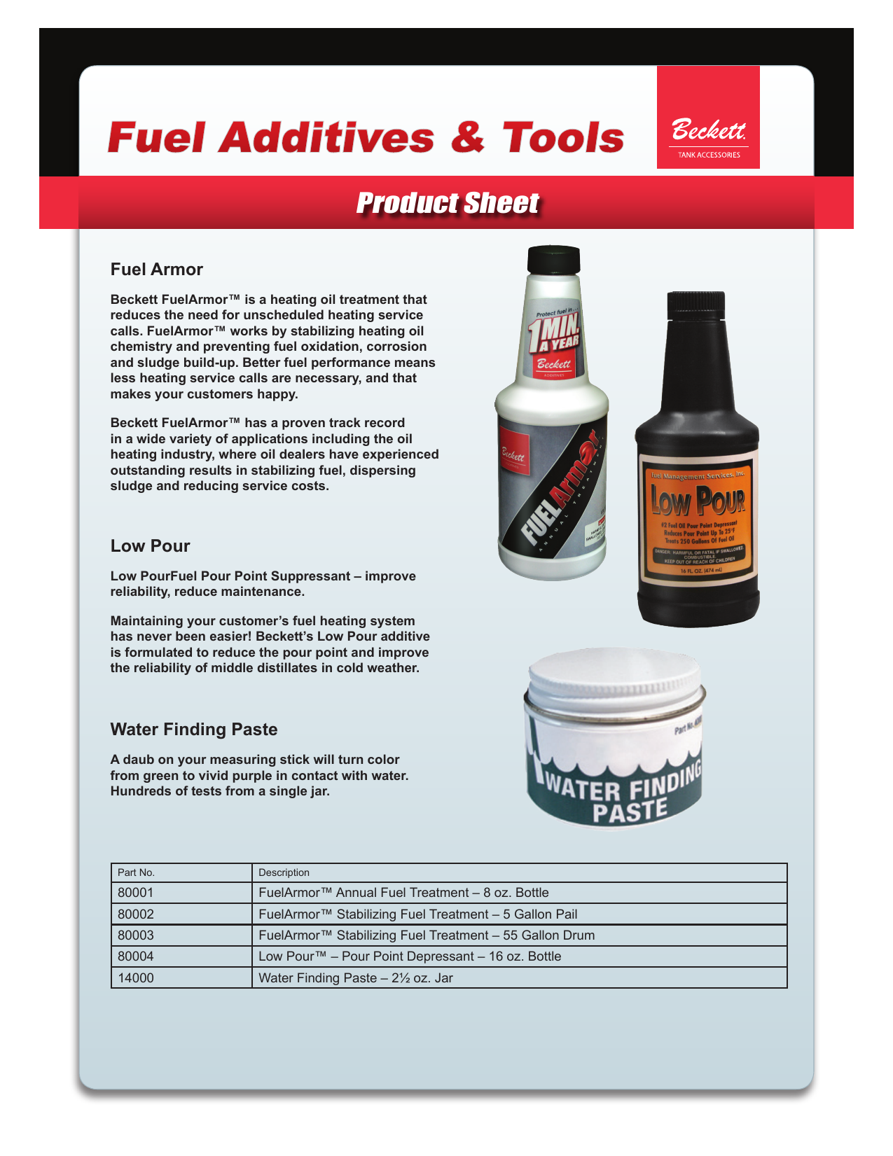 BECKETT 80004  Low Pour additive is formulated to reduce the pour point 